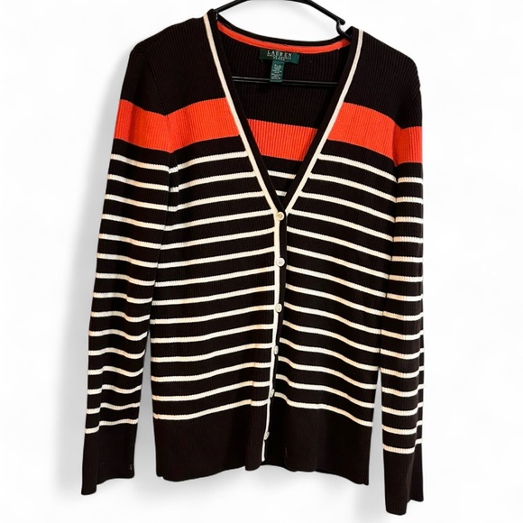 Ralph Lauren Brown and Orange Striped Cardigan - Picture 3 of 6